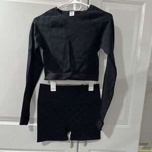 Black Checkered Long Sleeve Crop Top and Shorts Set